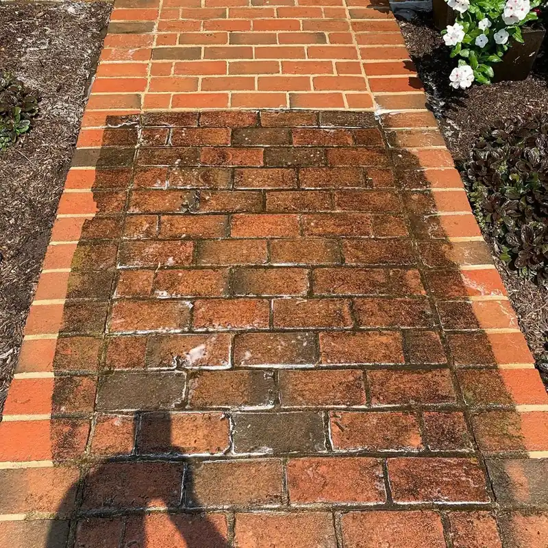 A brick walkway mid clean: bright orange washed edges around a dark, moldy unwashed center