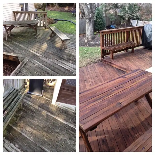 Deck and built-in bench before and after cleaning and staining
