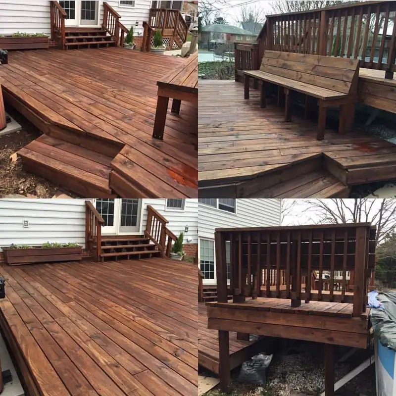 Finished multi level deck with steps, planter boxes and a built in bench, all stained a warm brown
