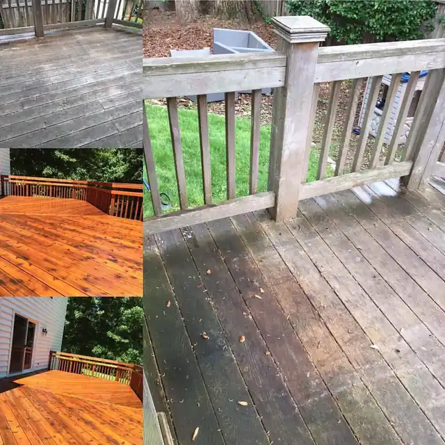 Gray weathered deck and railing before restoration beside the same deck stained bright cedar after
