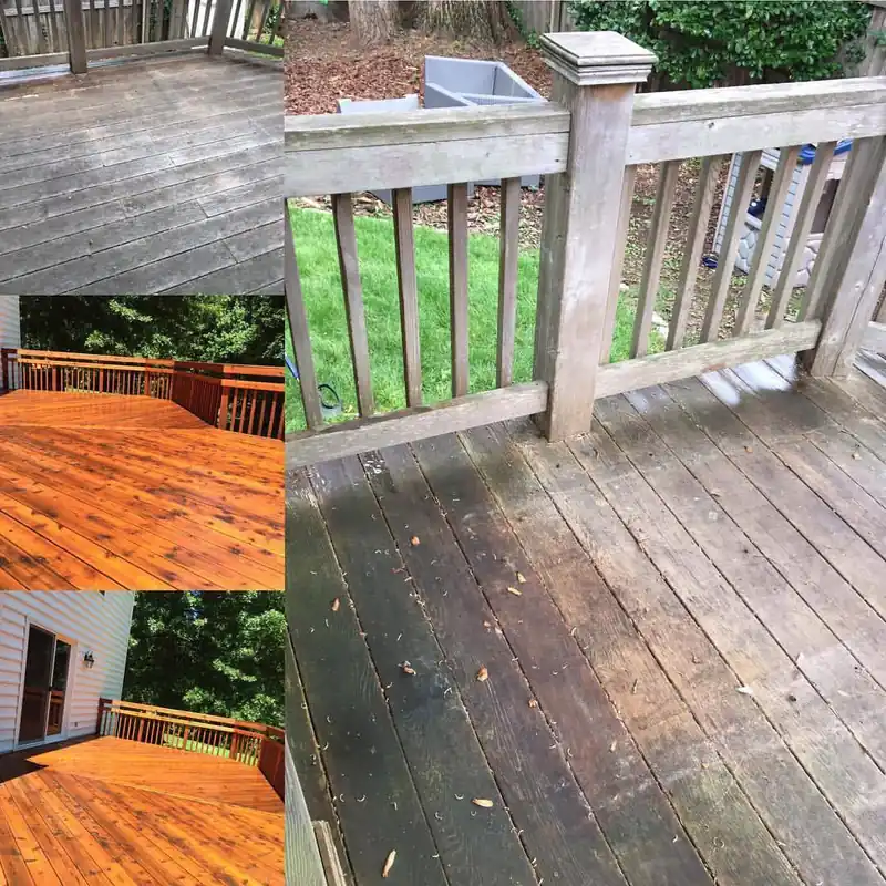 A weathered gray deck and railing beside the same kind of deck restored to bright stained cedar