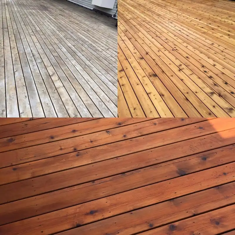 Three stages of one deck: weathered gray boards, the same boards stripped to bare cedar, then stained a deep red orange