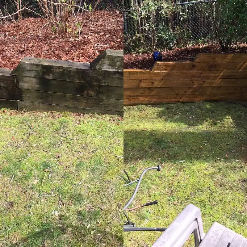 A timber retaining wall shown black and moldy on the left and clean honey colored pine on the right